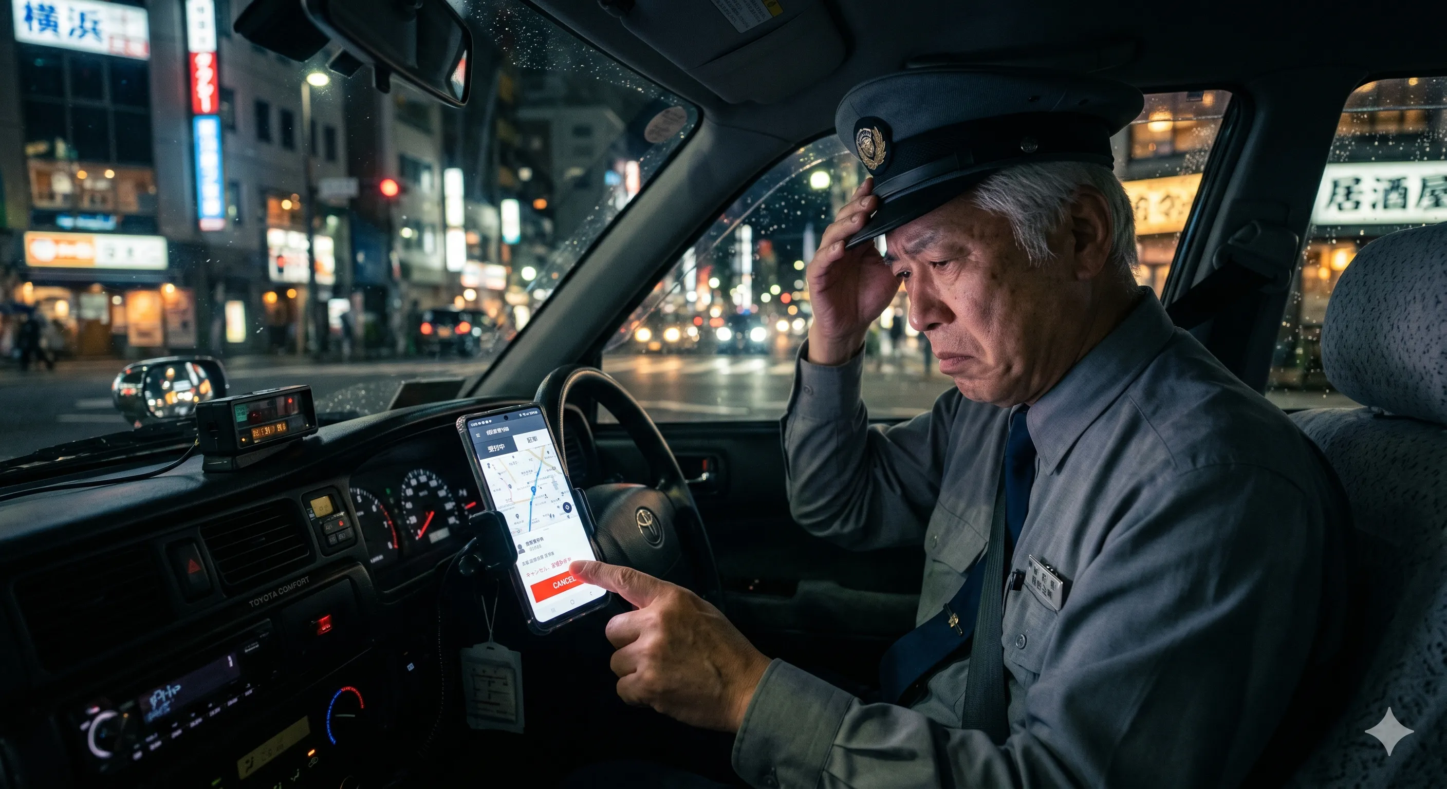 車内でアプリを誤操作するタクシードライバー
