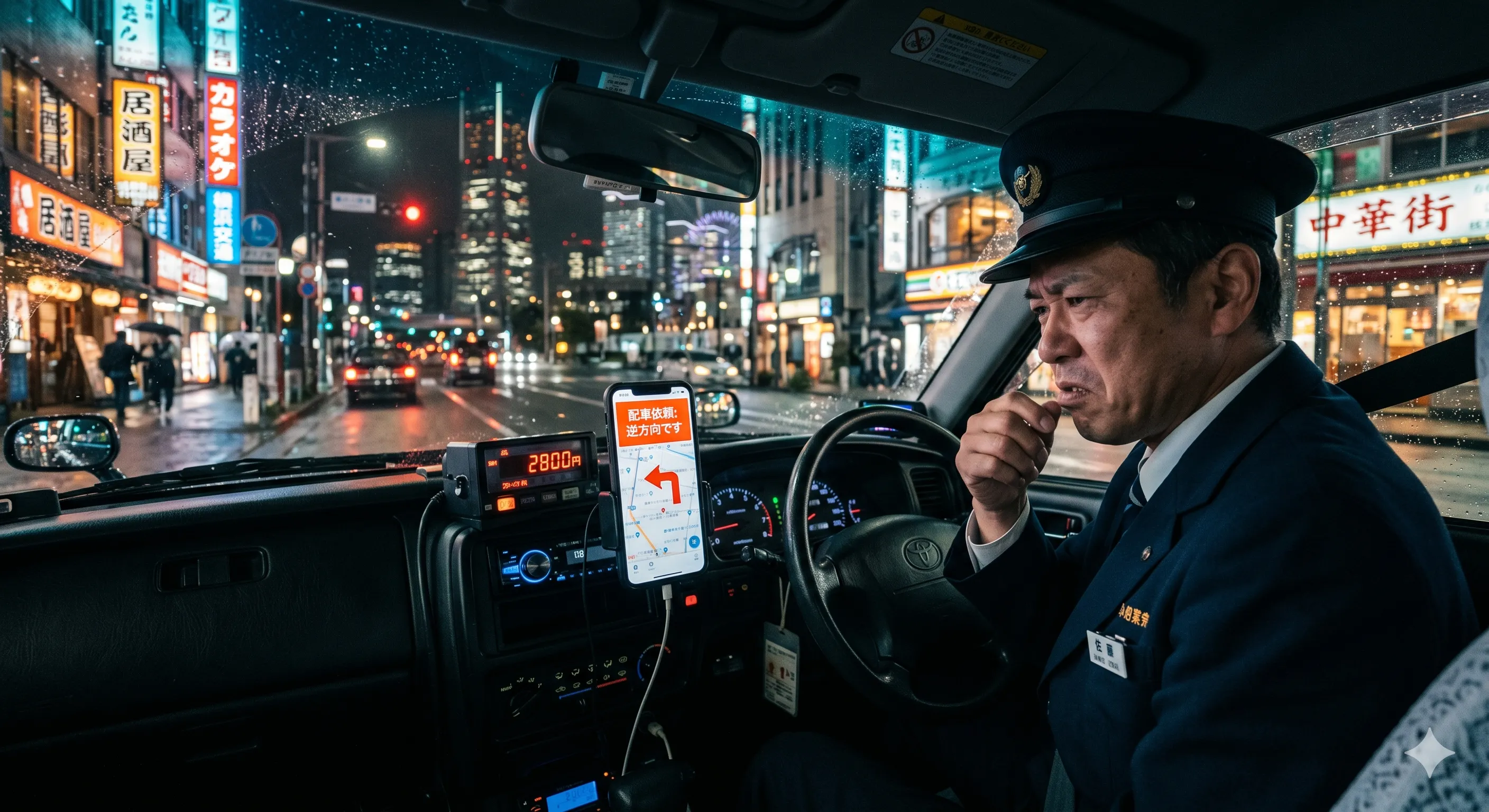 逆方向の配車通知に困惑するタクシードライバー
