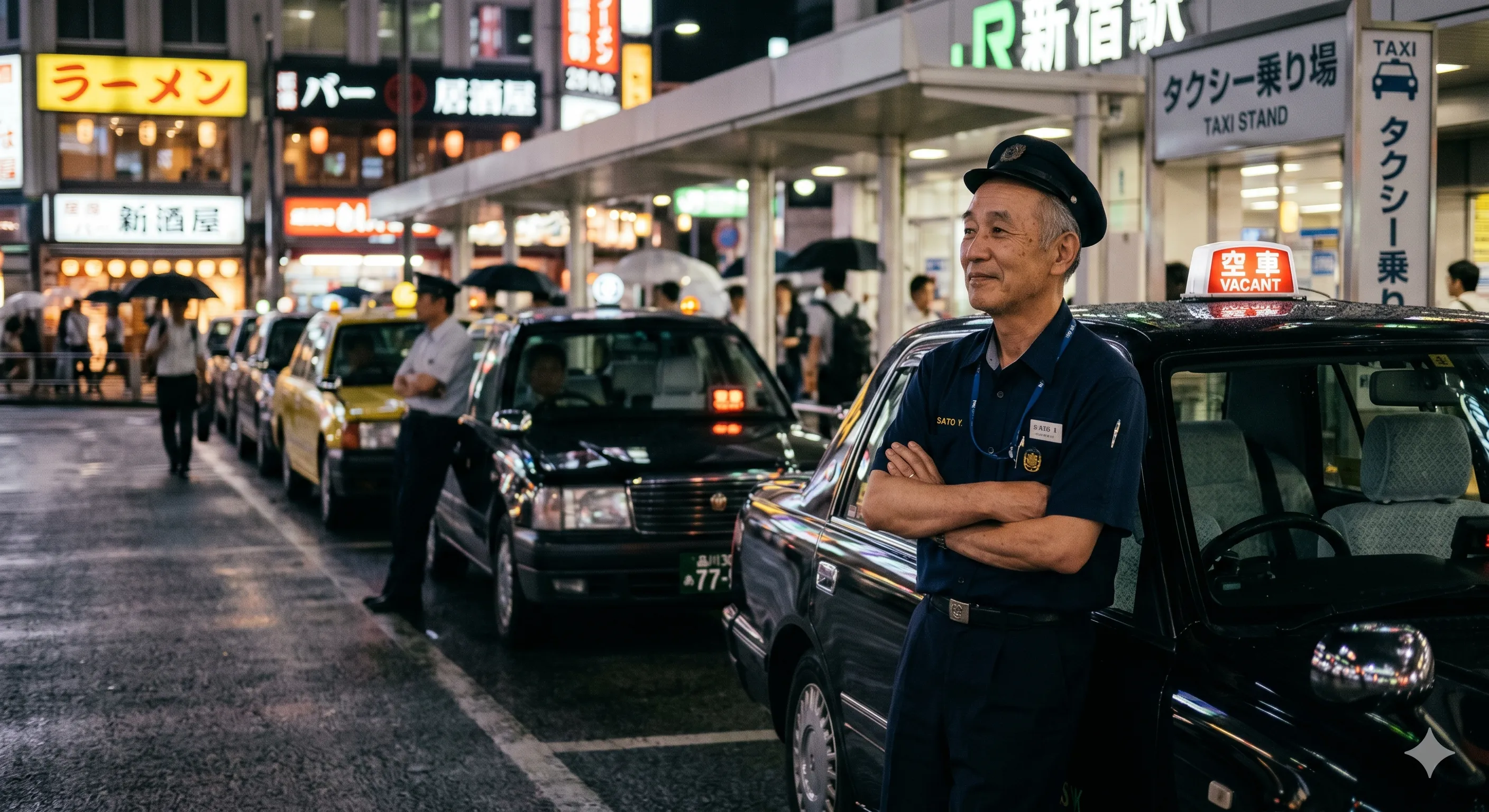 タクシー乗り場で静かに待つベテランドライバー